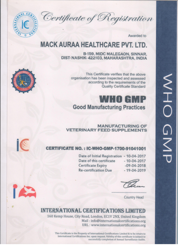 Mack Auraa Drugs GMP Certificate