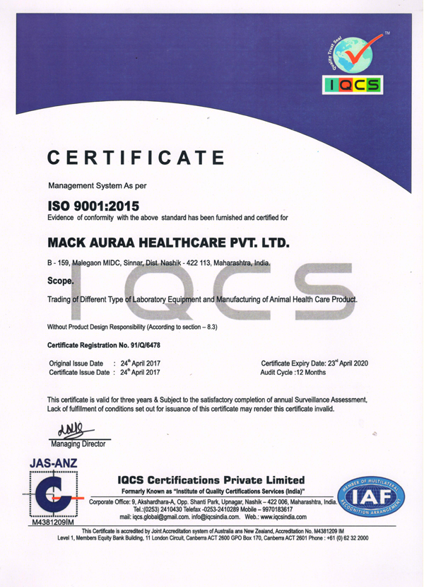 Mack Auraa Drugs ISO Certificate